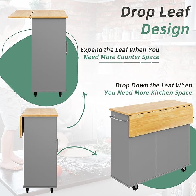 Shintenchi Rolling Kitchen Island Cart with Folding Drop Leaf Breakfast Bar, Portable Trolley Island with Large Storage Cabinet, Shelf and Drawer, Gray