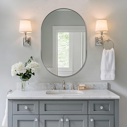 ANDY STAR 26x38’’ Brushed Nickel Oval Bathroom Mirror, Pill-Shaped Nickel Mirror Metal Framed, Stainless Steel Anti-Rust, Wall-Mounted Vertical/Horizontal