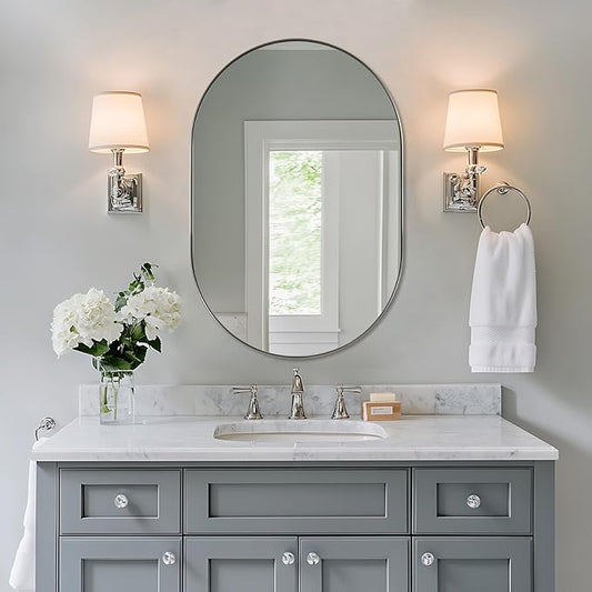 ANDY STAR 26x38’’ Brushed Nickel Oval Bathroom Mirror, Pill-Shaped Nickel Mirror Metal Framed, Stainless Steel Anti-Rust, Wall-Mounted Vertical/Horizontal