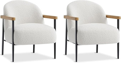 Garvee Modern Accent Chair Set of 4, White Comfy Chair with Teddy Fabric, Wood Arms (2, White)
