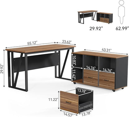 LITTLE TREE 55-Inch L-Shaped Computer Desk, Large Corner Desk with Drawers, Modern Office Workstation Study Desk, Corner Computer Desk for Home Office, Bedroom, Brown