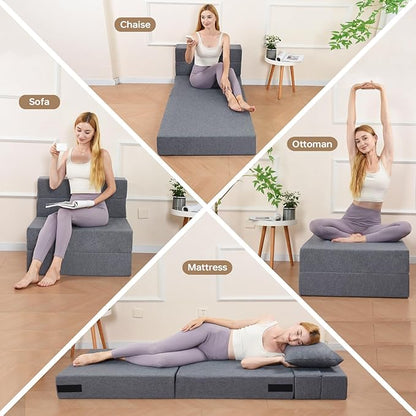 Folding Sofa Bed, Convertible Futon Sofa Bed with Pillow, Foldable Sleeper Chair with Washable Cover, Fold Out Couch for Guest Room, Living Room, Dorm, Single Size, Light Grey