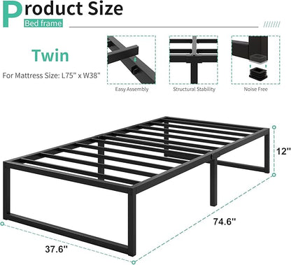 12 Inch Twin Size Bed Frames Heavy Duty Metal Twin Platform Bed Frame No Box Spring Needed, Noise Free, Easy Assembly, Black
