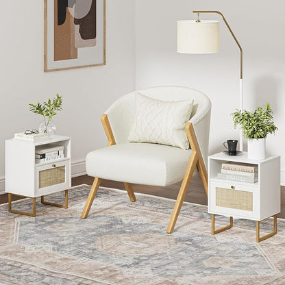 Masupu Rattan Nightstand,Modern Boho Farmhouse Wood Bedside Table with Storage Drawer and Open Shelf,Small Gold Frame Side End Table for Bedroom,Living Room,Office(White)