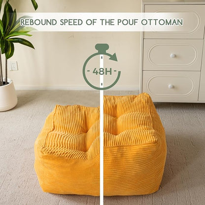 HIGOGOGO Square Stuffed Pouf Ottoman, Corduroy Poufs with Foam Chunk Filling, Furry and Fluffy Pouf Foot Stool Storage Ottoman, 25.6 X 25.6 Floor Poufs Foot Rest for Living Room, Orange