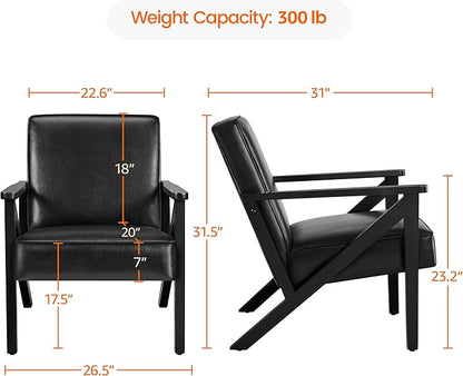 Yaheetech Accent Chair, PU Leather Reading Chair, Mid Century Modern Arm Chair with Solid Wood Frame for Living Room Bedroom Waiting Room, 2 Pieces, Black