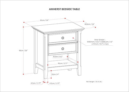 SIMPLIHOME Amherst Solid Wood 24 Inch Wide Traditional Bedside Nightstand Table in Natural Aged Brown, for The Living Room and Bedroom