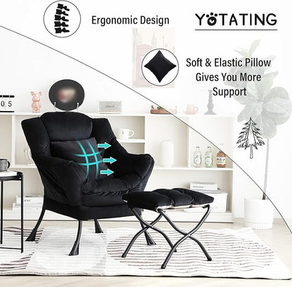 Lazy Chair with Ottoman, Comfy Reading Lounge Chair with Footstool & Throw Pillow Modern with Armrests & Side Pocket for Living Room, Bedroom, Dorm Room, Velvet Black