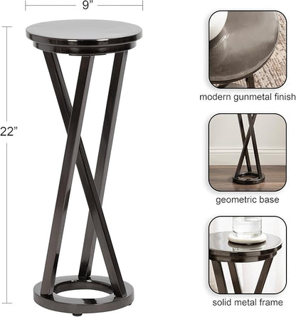 Kate and Laurel Aja Modern Metal Round Drink Table, 9 x 9 x 22, Gray Gunmetal, Decorative Geometric Pedestal Table with Circular Tabletop for Use as Metal Indoor Plant Stand