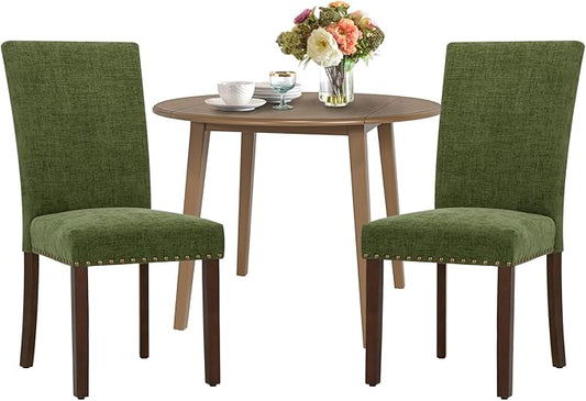 COLAMY 3-Piece Extendable Dining Table Set for 2, 36" Kitchen Round Wood Table with 2 Nailhead Dining Room Chairs,Light Brown/Green