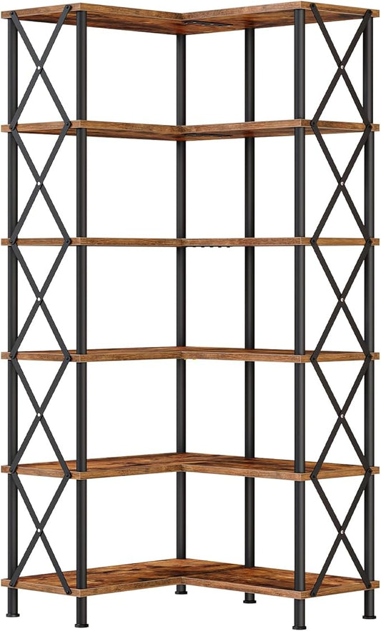 HOOBRO Corner Bookshelf, 6-Tier L-Shaped Bookcase, Industrial Open Display Shelf Tall Storage Organizer, Vertical Storage Rack, for Living Room, Home Office, Rustic Brown and Black BF61SJ01