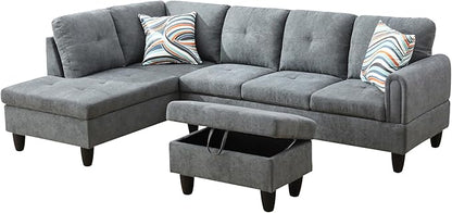 Osparple L Shaped Couch Sectional Couches for Living Room Upholstered Fluffy Fabric 3 Pieces Modular Sectional Sofa with Chaise, Ottoman with Storage for Living Room and Small Apartment, Dark Grey