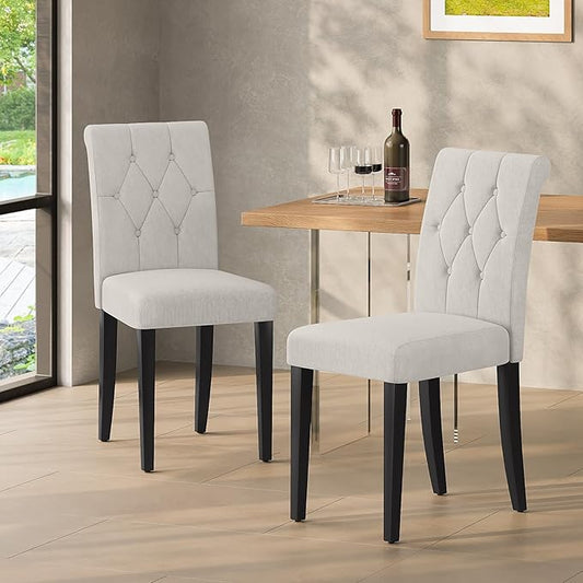 Upholstered Dining Chairs Set of 2, Modern Button Tufted Parsons Design with Solid Wood Legs, Soft Fabric Side Chairs Comfortable & Stylish, White