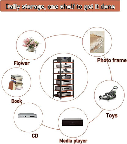 7 Tier Audio Rack Tower, CD Record Player Stereo Receiver AV Equipment Cabinet Display Rack, Weight capacity 661 lbs, with Adjustable Wooden Shelves for Home (TEAKWOOD, 7 TIER 55×19.7×15.7IN)