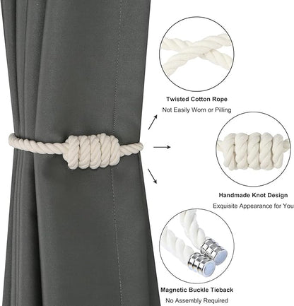 BEL AVENIR Magnetic Cotton Curtain Tiebacks, Decorative Drapery Holdbacks Modern Woven Tie-Backs with Exquisite Knot (Cotton, 6 Pack)