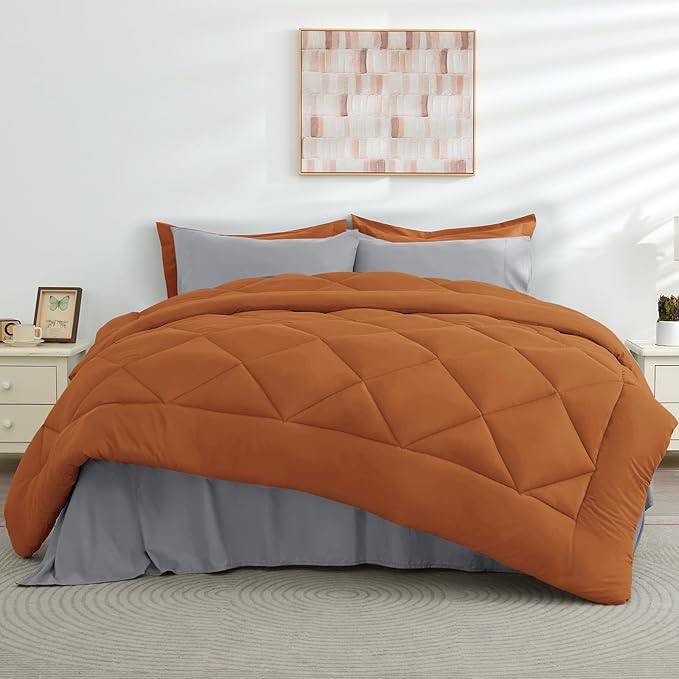 HEVUMYI Twin Comforter Set - 5-Piece All Season Bed in a Bag Twin, Ultra Soft Bedding Set with Comforter, Flat Sheet, Fitted Sheet, Pillowcases, Pillow Shams, Orange & Light Grey