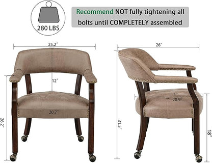 LEEMTORIG Large Dining Chairs with Casters and Arms, Rolling Dining Chairs with Wheels, Accent Wood Boss Caption's Chairs, 26" D x 25.2" W x 31.5" H, Espresso Legs & Yellowish Brown Fabric SY-318-LT