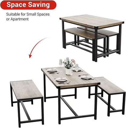 Garvee Dining Table Set for 4, Kitchen Table with Benches, 3 Piece Rectangular Dining Room Set with 2 Wooden Benches for Small Space, Apartment, Studio, Home, Rustic Gray