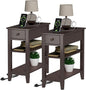 ChooChoo Narrow End Table Set of 2,Side Table Living Room with USB Ports & Power Outlets and Hidden Drawer, 3-Tier Skinny Nightstand with 2 Open Storage Shelves for Small Place(Espresso)