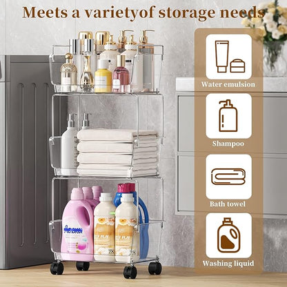 YCIA&DONE 3 Tier Rolling Cart, Storage Shelf Organizer with Lockable Caster Wheels,Transparent Slim Storage Cart for Bathroom, Laundry,Cosmetics