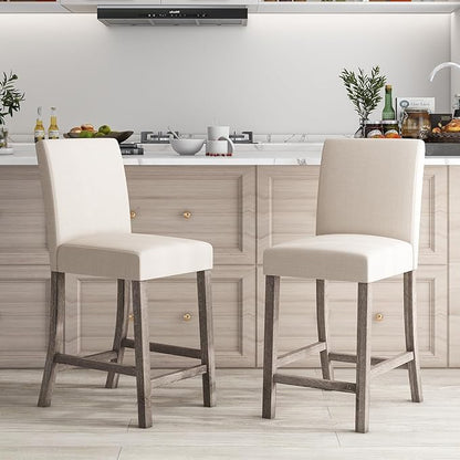 COSTWAY Upholstered Counter Height Stools Set of 2, Bar Stools w/Ergonomic Backrest, Solid Wood Frame, 24.5” Fabric Counter Height Chairs for Kitchen Island, Dining Room, Pub (Beige)