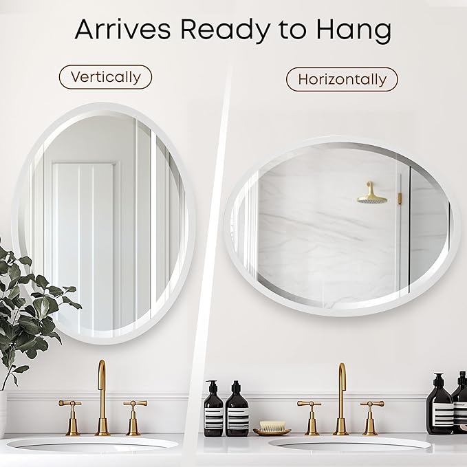 OVALCREST - Oval Wooden Beveled Wall Mirror for Home Decor, Bathroom, Vanity, Bedroom, Living Room, Hallway - London Style (Linen White) 13.1 x 17.1