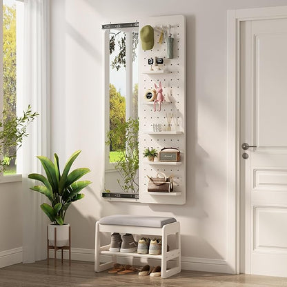 KungFuWood Full Length Mirror with Shelf and Hooks,Entry Way Mirrors for Wall,Wall Mirror with Shelf,Wall Mirror with Storage Multifunctional Design Panel,Living Room