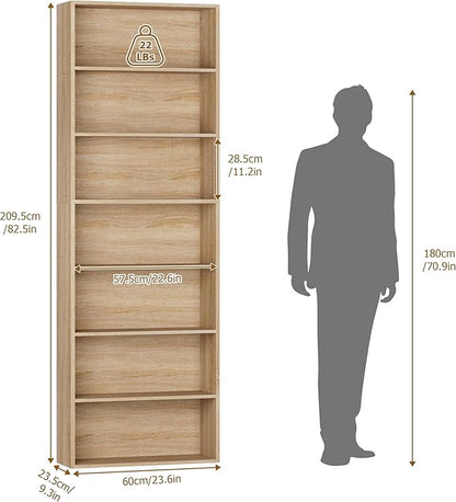 82" Tall Bookshelf, 7-Tier Open Shelves Bookcase, Freestanding Display Storage Shelves, Tall Bookcase Home Decor Furniture for Home Office, Living Room, Bedroom, Light Oak