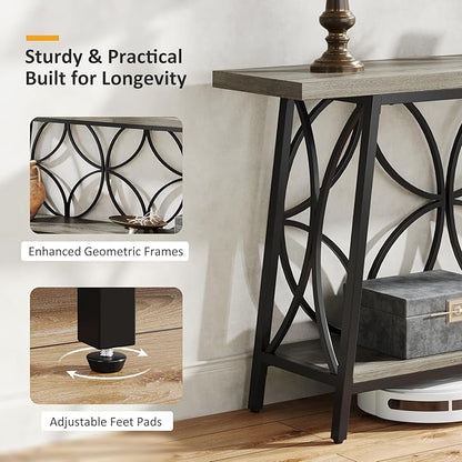 70.9-Inch Sofa Table, 2-Tier Narrow Console Table with Storage for Entryway, Living Room, Hallway, Foryer, Geometric Pattern Design (Grey)