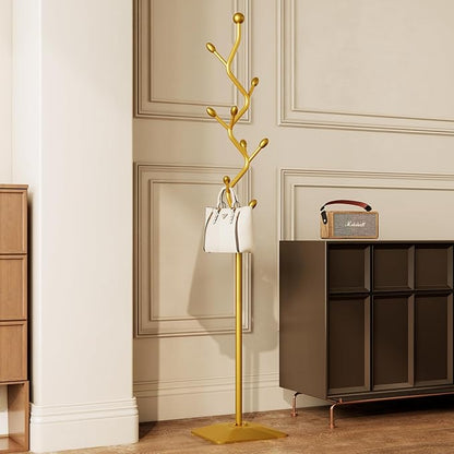 Tree-shaped coat rack stand,Metal coat tree with 8 Hooks and sturdy cast iron base,Heavy Duty coat rack freestanding coat hanger stand for Clothes Hats Scarfs Purses (gold)