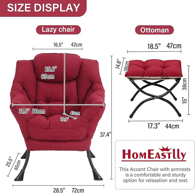 Lazy Chair with Ottoman, Large Modern Lounge Accent Chair with Armrests and Footrest, Reading Armchair with Ottoman, Leisure Sofa Chair for Living Room, Bedroom, Dorm Room, Office（Burgundy）