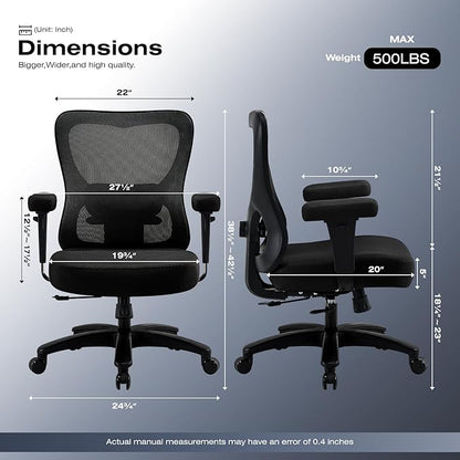 Big and Wide Office Chair 500lbs，Ergonomic Desk Chair with 4 Way Adjustable Lumbar Support, Thicker Seat Cushion, 2D Armrest, Rocking Function, Stable Comfy Computer Mesh Chairs, Black