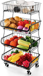 Fruit Vegetable Storage Basket, 4 Tier Stackable Metal Wire Storage Baskets with Wheels, Fruit Vegetable Produce Basket Organizer Bins for Kitchen, Pantry, Bathroom