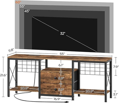TV Stand with Power Outlet Up to 60 Inch, Entertainment Center with 2 Fabric Drawers, TV Console Table with Open Storage Shelves for TVs, Cable Management, for Living Room, Bedroom, DS14UBRY1