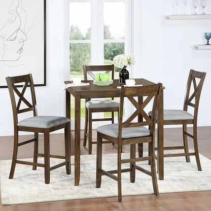 KEIKI 5-Piece Counter Height Dining Table Set with Square Table and 4 Upholstered X-Shaped Backrset Chair, for 4 Person, Modern Style Wooden Table Set, Easy Assembly, for Kitchen, Dining Room, Walnut