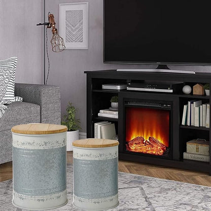 Glitzhome Farmhouse Accent Side Table, Metal Storage Stool Ottoman with Round Lid - Galvanized Coffee Cocktail End Tables Set of 2 for Living Room Bedroom, Distressed White