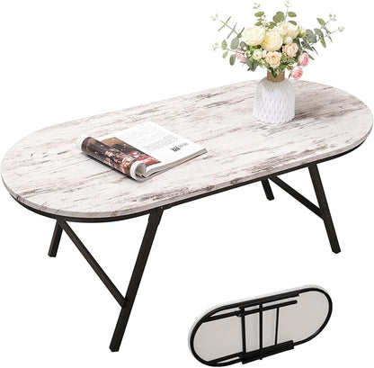 Folding Small Coffee Table Wood Low Coffee Tables with Metal Legs Portable Oval Center Table Rustic Farmhouse Furniture for Living Room Small Spaces Apartment