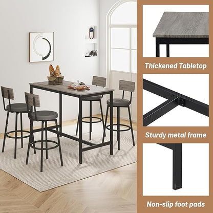 Dining Table Set for 4, 5-Piece Bar Table Set, Kitchen Table and Chairs, Counter Height High Top Table with 4 PU Upholstered Stools, Space-Saving Pub Table Sets for Small Space, Gray
