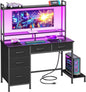 Computer Gaming Desk with Hutch, Home Office Desk with Power Outlets, LED Light, 5 Storage Drawers, 2 Tiers Shelves for Display, 39 Inch Modern Study Writing Table for Bedroom, Black