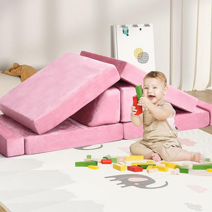 10Pcs Kids Play Couch,Toddler Sofa,Modular Kids Couch for Playing, Creativing, Sleeping (Pink)