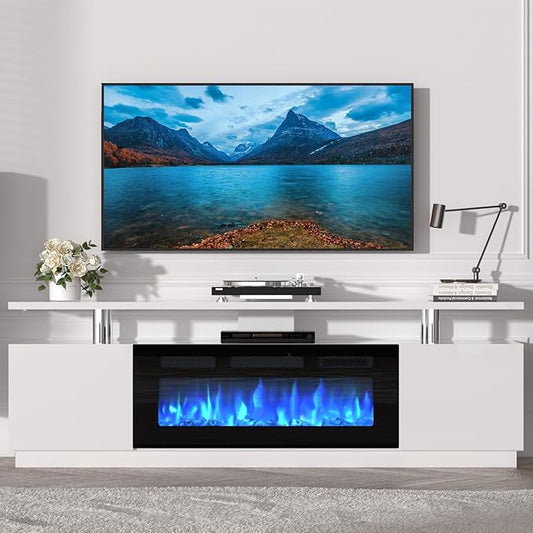 GarveeHome 70 Inch Fireplace TV Stand with 36 Inch Electric Fireplace, 12 Colors LED Lights, 750W/1500W for Max 80 Inch TV, 2 Tier Storage 2 Door Cabinet
