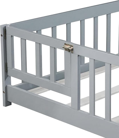 Bellemave Full Floor Bed with Slats and Safety Guardrails, Kids Montessori Floor Beds with Fence and Door, Easy Assemble Floor Bed for Kids, Girls, Boys, Gray