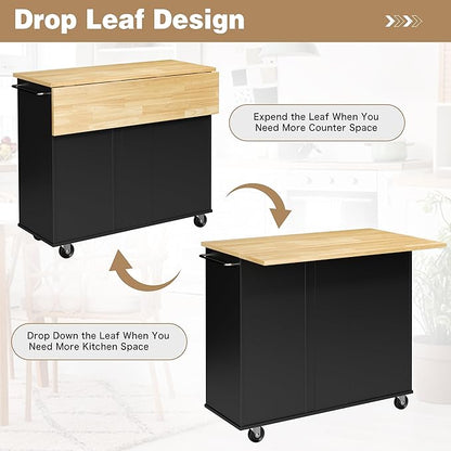Shintenchi Kitchen Island with Folding Drop Leaf, Rolling Island Table with Storage, Kitchen Cabinet on Wheels with Seating Area for Kitchen, Bar Cart with Cabinet, Black