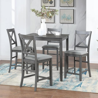 KEIKI 5-Piece Counter Height Dining Table Set with Square Table and 4 Upholstered X-Shaped Backrset Chair, for 4 Person, Modern Style Wooden Table Set, Easy Assembly, for Kitchen, Dining Room, Gray