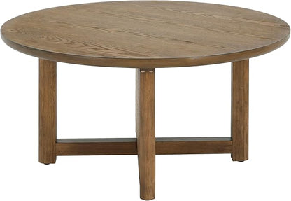 Christopher Knight Home Kiaya Round Coffee Table with PE Woven Design, Wood Coffee Tables for Living Room, Stylish Indoor Round Table, Easy Assembly, Versatile Living Room Furniture, Natural Brown