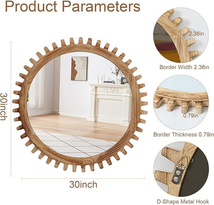 ULIKE Round Wood Mirror, 30 Inch Rustic Farmhouse Circle Mirror with Wooden Frame, Mordern Wall Decor for Bathroom Nursery Bedroom Living Room Entryway, Brown