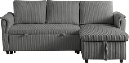 Ball & Cast Reversible Sectional Sofa Couch,L-Shape Sleeper Sofa Bed with Storage Chaise Pull Out Couch for Living Room | Hidden Storage | Pull Out Bed | Removable Backrest | Corduroy Fabric,Gray