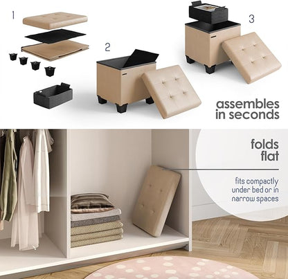 STORAGEBUD Storage Ottoman Cube with Small Bin, 16-in Square Ottoman with Storage for Living Room and Bedroom, Small Ottomans Foot Rest, Faux Leather Foot Stools Ottomans Max 330lbs, Taupe