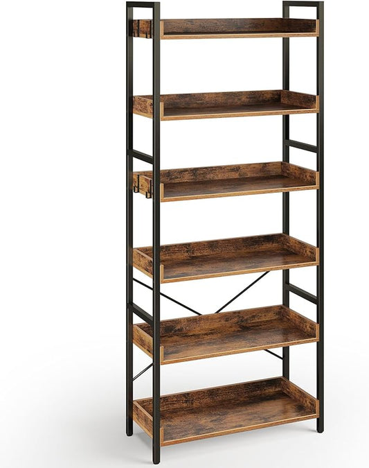 Rolanstar Bookshelf 6 Tier with 4 Hooks, Industrial Bookcase, Vintage Storage Rack with Open Shelves, Rustic Standing Bookshelves Metal Frame Display Rack for Living Room, Bedroom, Rustic Brown