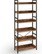 Rolanstar Bookshelf 6 Tier with 4 Hooks, Industrial Bookcase, Vintage Storage Rack with Open Shelves, Rustic Standing Bookshelves Metal Frame Display Rack for Living Room, Bedroom, Rustic Brown
